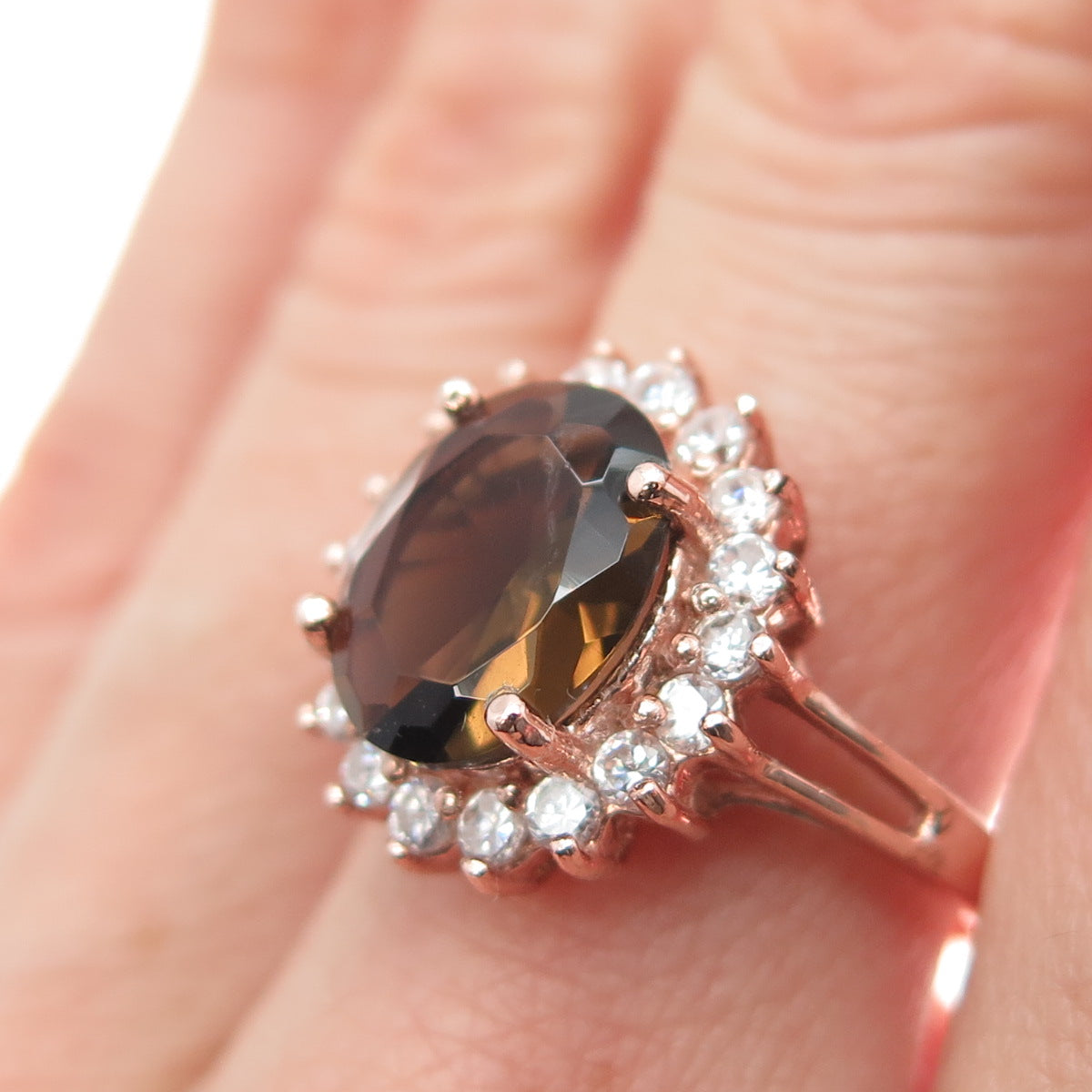 925 Sterling Silver Rose Gold Plated Real Smoky Quartz & C Z Ring Size 7.5