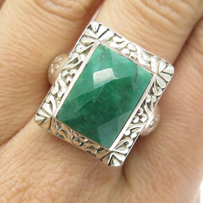 925 Sterling Silver Real Checkered Emerald Gemstone Ornate Frame Ring Size 8