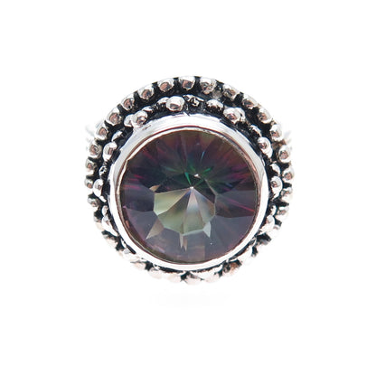 925 Sterling Silver Vintage Real Mystic Topaz Beaded Oxidized Ring Size 9.5