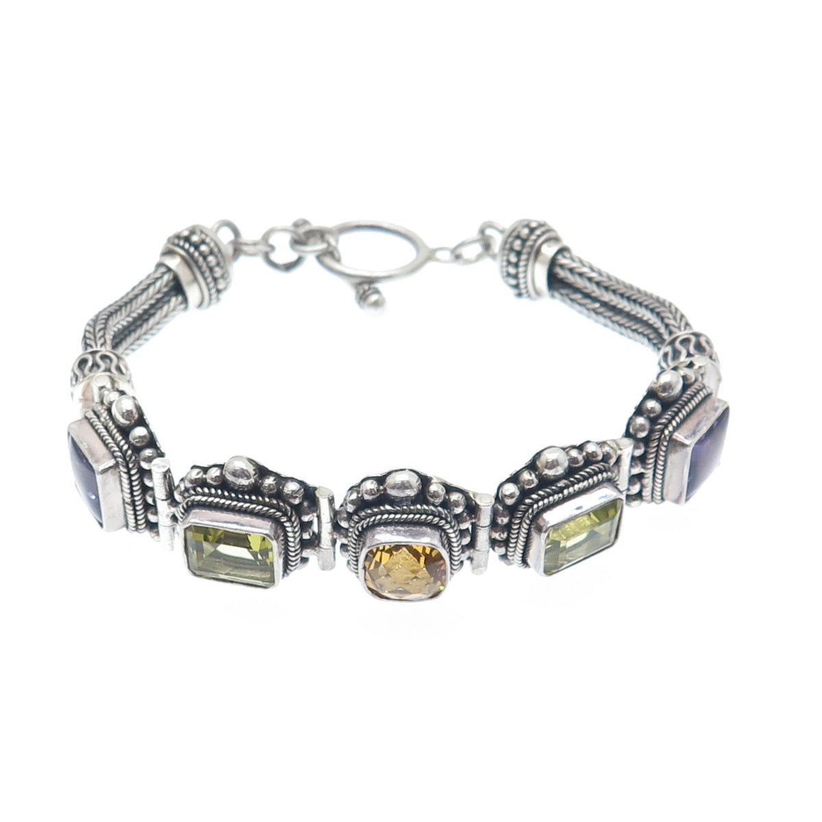 SUARTI BALI 925 Sterling Vintage Amethyst Citrine & Lime Citrine Bracelet 7.25"
