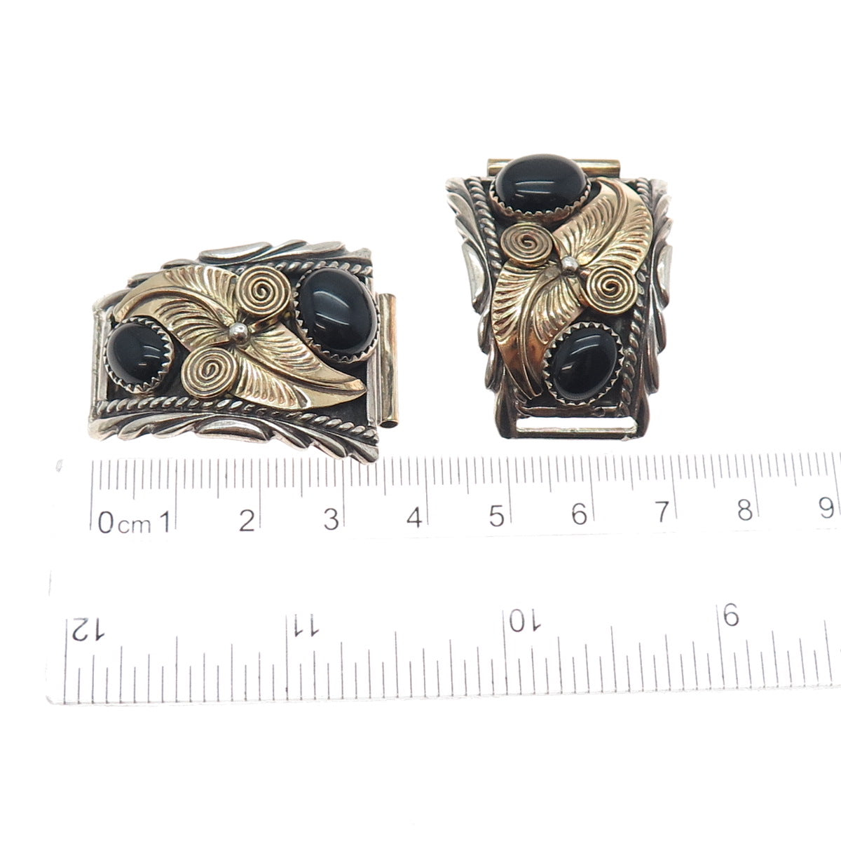 Old Pawn 925 Sterling Silver 2-Tone Vintage Black Onyx Feather Tribal Watch Band