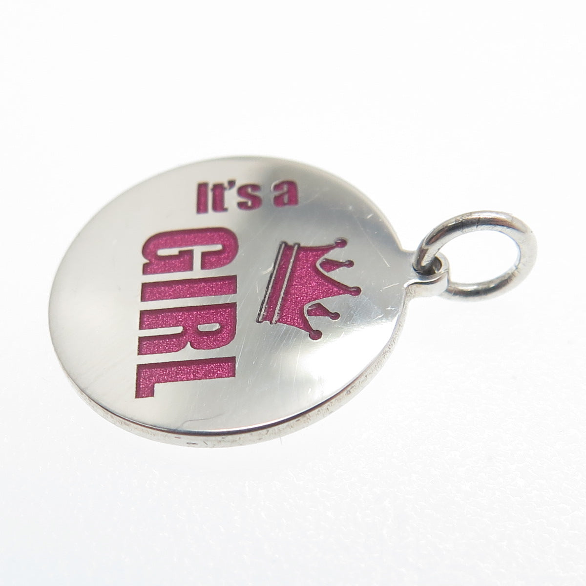 925 Sterling Silver Pink Enamel "It's A Girl" Round Tag Minimalist Charm Pendant