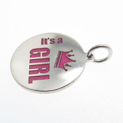 925 Sterling Silver Pink Enamel "It's A Girl" Round Tag Minimalist Charm Pendant