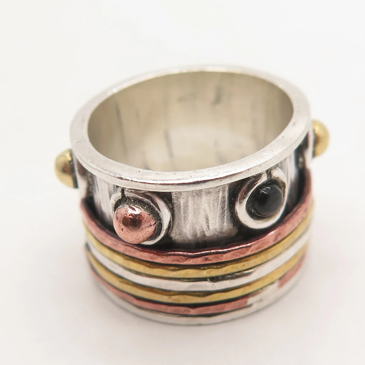 925 Sterling Silver 3-Tone Vintage Real Black Onyx Gem Rotating Ring Size 6.5