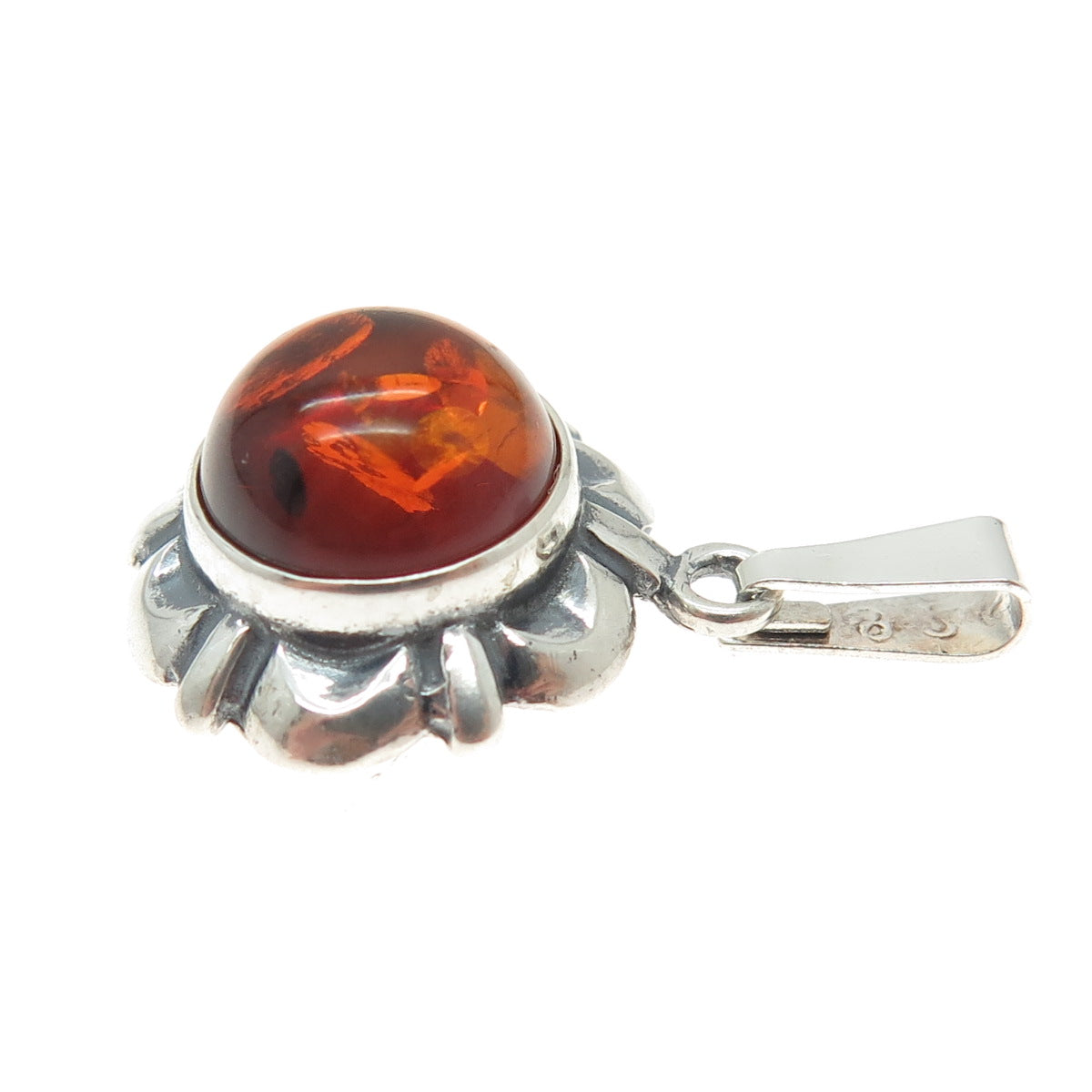 925 Sterling Silver Vintage Real Amber Flower Minimalist Pendant