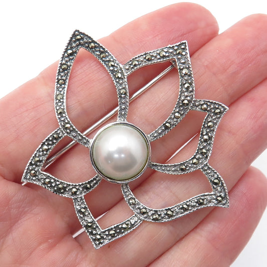 925 Sterling Silver Vintage Real Marcasite Faux Pearl Flower Oxidized Pin Brooch