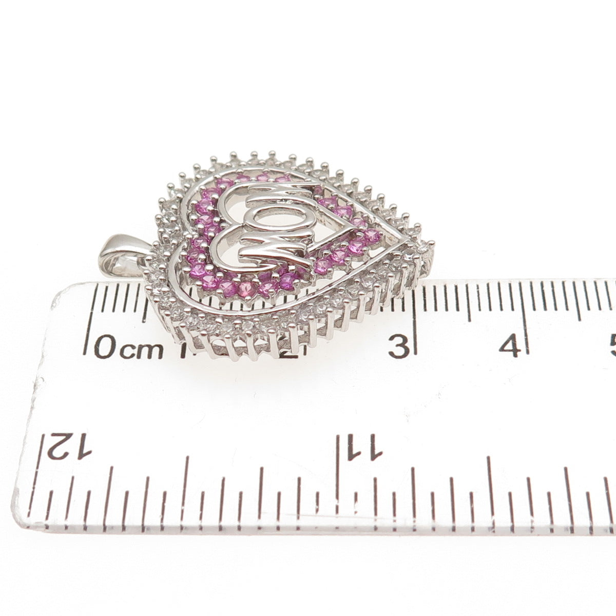 JANE SEYMOUR Sterling Silver Real Pink Sapphire & White Topaz Mom Heart Pendant