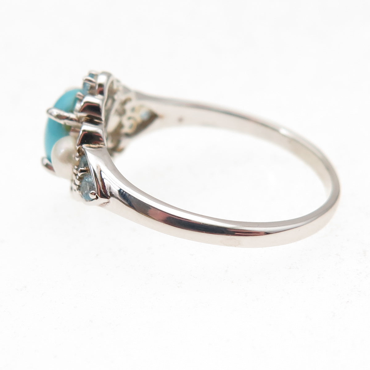 925 Sterling Silver Real Turquoise Pearl & Blue Topaz Ring Size 10.25