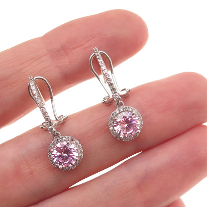 925 Sterling Silver Round-Cut Pink & White C Z Omega Back Dangle Earrings