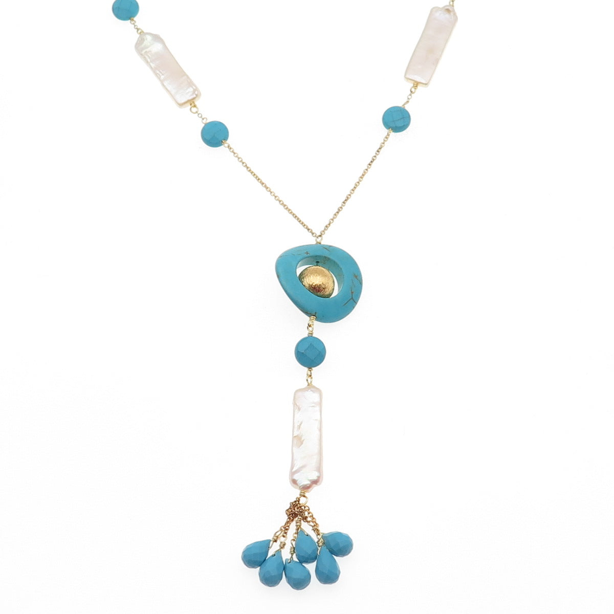 925 Sterling Silver Gold Plated Vintage Italy Real Pearl Turquoise Necklace 26"