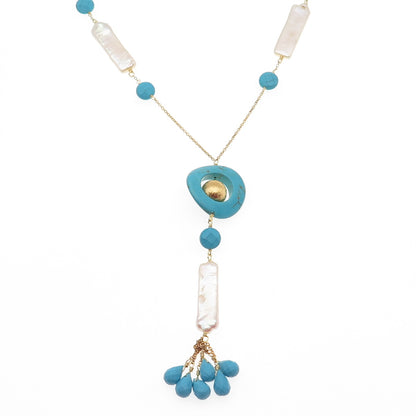 925 Sterling Silver Gold Plated Vintage Italy Real Pearl Turquoise Necklace 26"