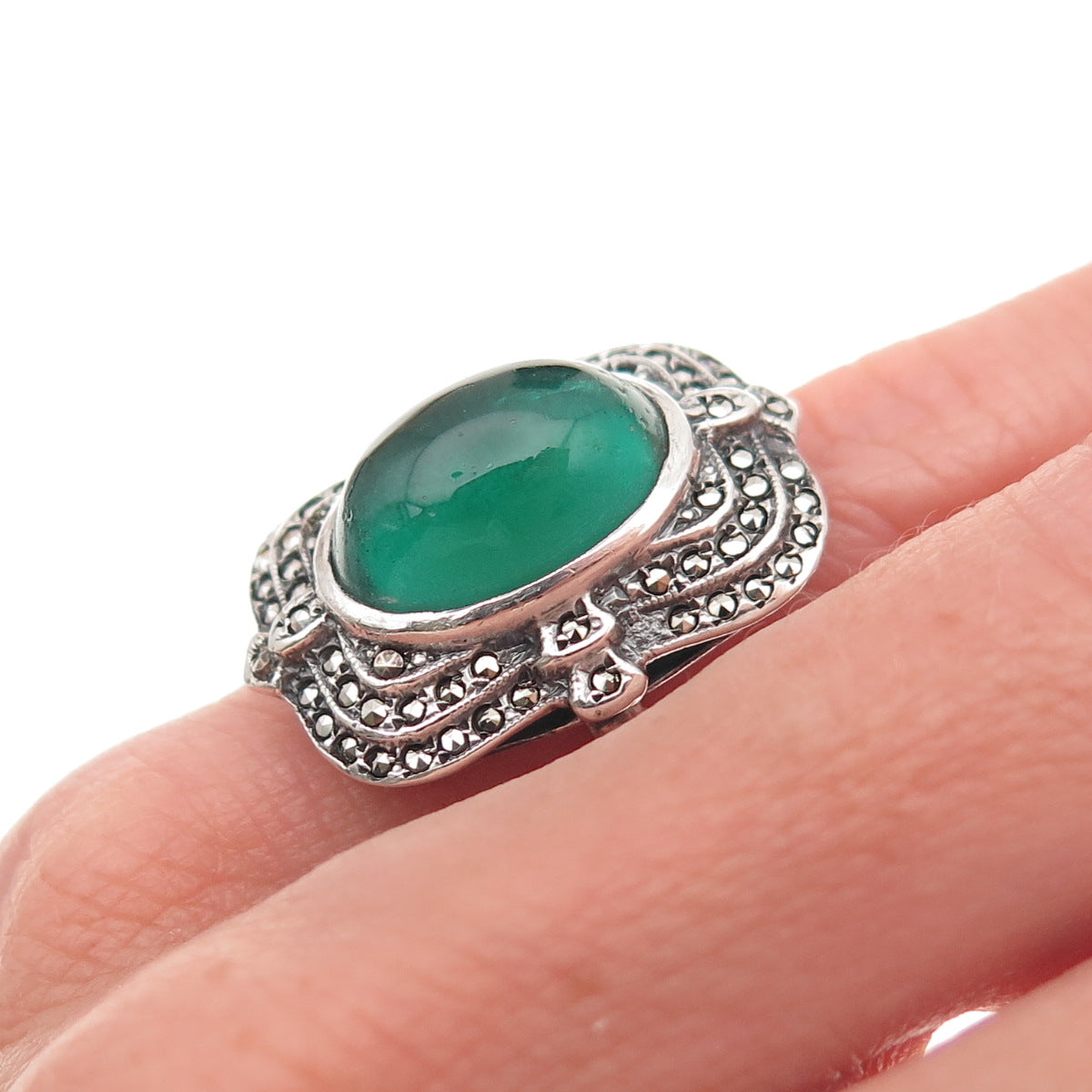925 Sterling Silver Antique Art Deco Real Marcasite & Green Glass Ring Size 4