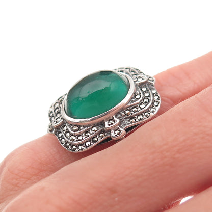 925 Sterling Silver Antique Art Deco Real Marcasite & Green Glass Ring Size 4