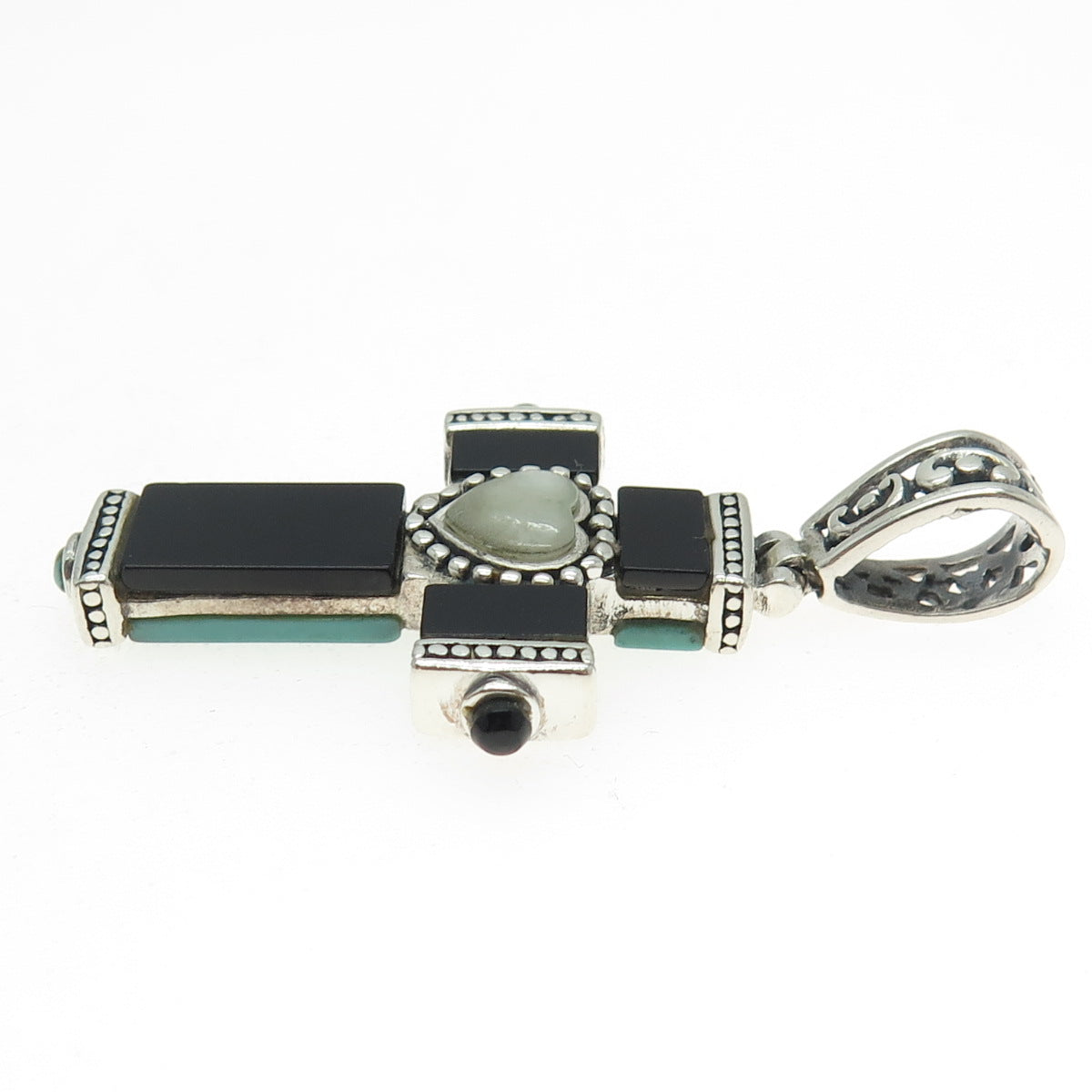 925 Sterling Silver Vintage MOP Black Onyx Turquoise Cross Dual Sided Pendant