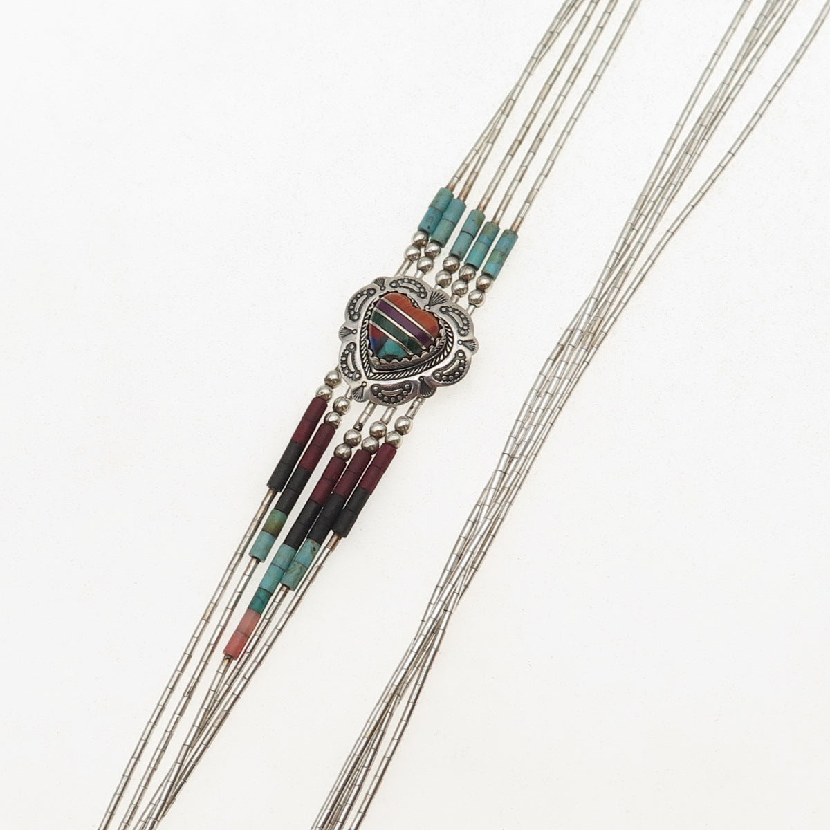 Old Pawn 925 Sterling Vintage Multi-Gem Heart 5-Strand Liquid Chain Necklace 24"