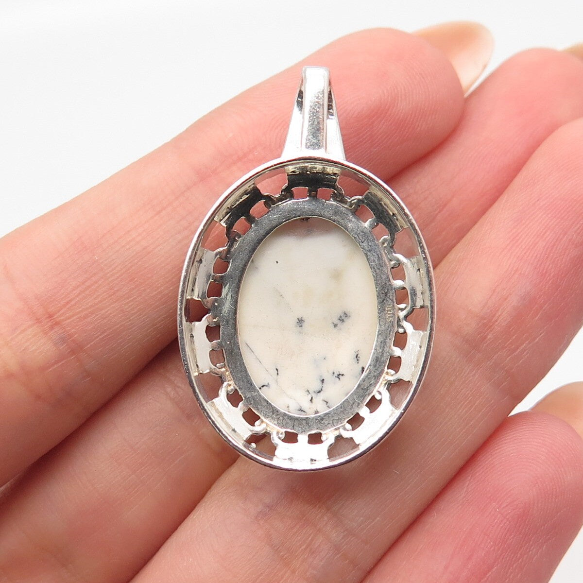 925 Sterling Silver Vintage Real Dendritic Agate Gemstone Oval Pendant