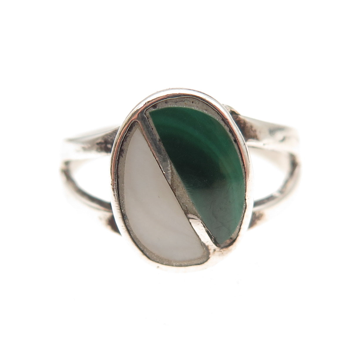 Old Pawn 925 Sterling Silver Vintage Southwestern MOP & Malachite Ring Size 6.5