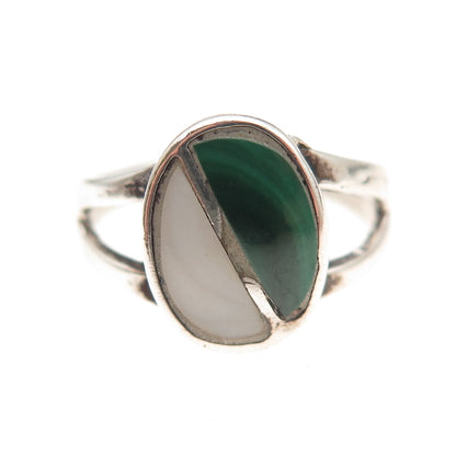 Old Pawn 925 Sterling Silver Vintage Southwestern MOP & Malachite Ring Size 6.5