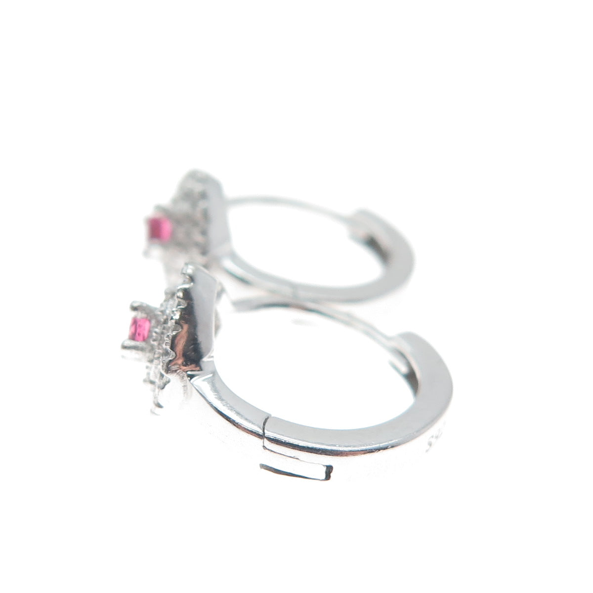 925 Sterling Silver Round-Cut Pink & White C Z Cushion Hoop Earrings