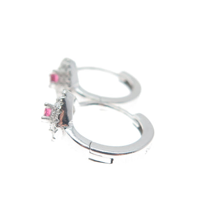 925 Sterling Silver Round-Cut Pink & White C Z Cushion Hoop Earrings
