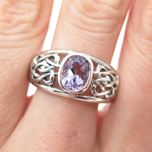 925 Sterling Silver Vintage Real Amethyst Celtic Knot Oxidized Ring Size 9