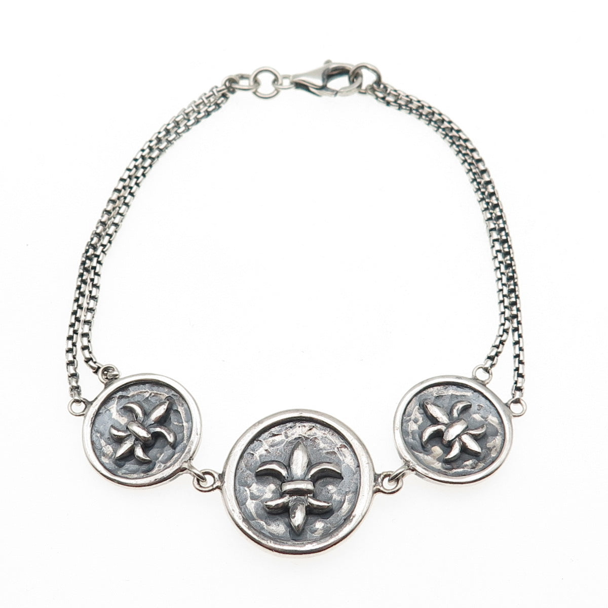 925 Sterling Silver Vintage Fleur de Lis Round Box Double Link Bracelet 7"