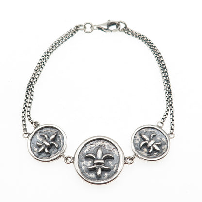925 Sterling Silver Vintage Fleur de Lis Round Box Double Link Bracelet 7"