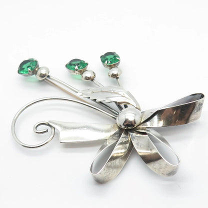 925 Sterling Silver Vintage Enzell Green Glass Floral Pin Brooch