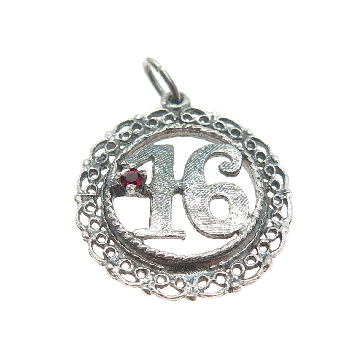 925 Sterling Silver Vintage Red Glass Sweet 16 Ornate Pendant