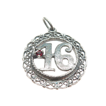 925 Sterling Silver Vintage Red Glass Sweet 16 Ornate Pendant