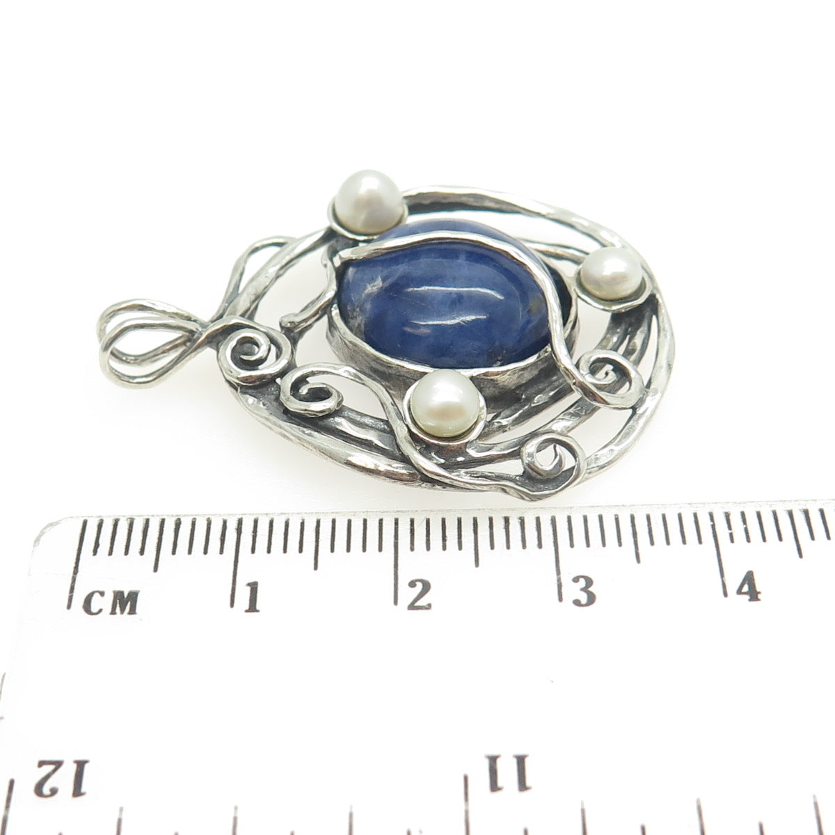 925 Sterling Silver Vintage Real Sodalite & Pearl Modernist Swirl Pendant