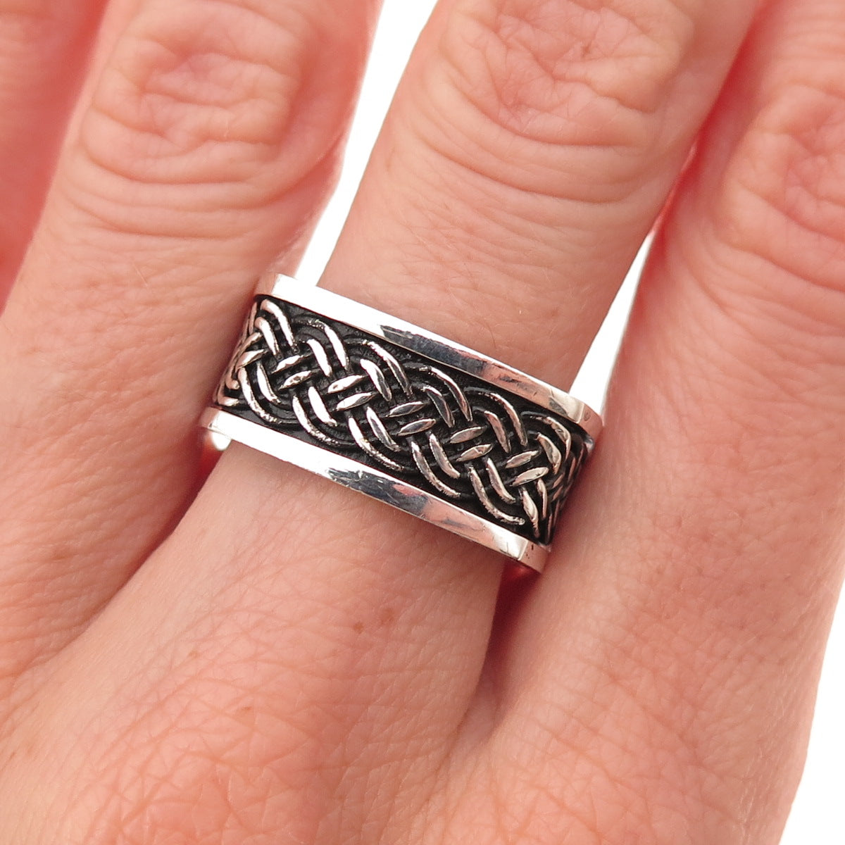 925 Sterling Silver Vintage Braided Oxidized Square Band Ring Size 9