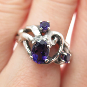 925 Sterling Silver Vintage Real Amethyst Modernist Oxidized Ring Size 8