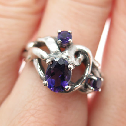 925 Sterling Silver Vintage Real Amethyst Modernist Oxidized Ring Size 8