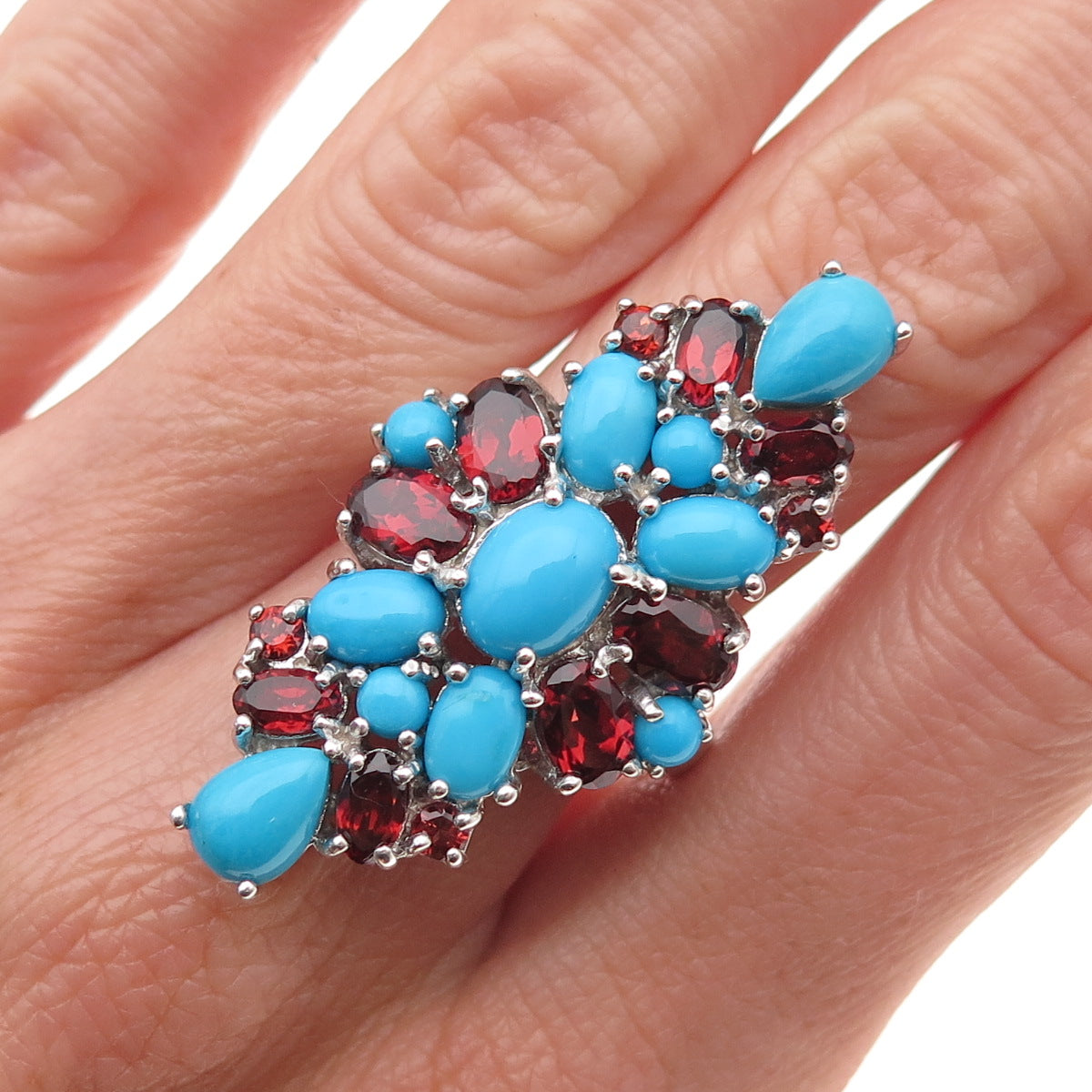 Chapal Zenray 925 Sterling Silver Real Turquoise & Red Garnet Ring Size 8.25