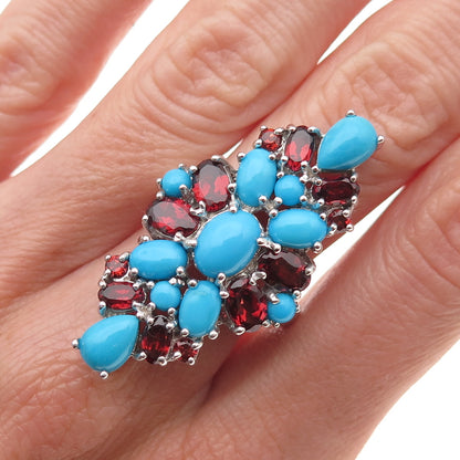 Chapal Zenray 925 Sterling Silver Real Turquoise & Red Garnet Ring Size 8.25