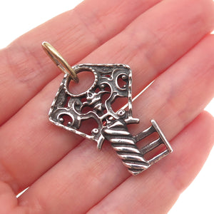 925 Sterling Silver Antique Art Deco Floral Key Oxidized Charm Pendant