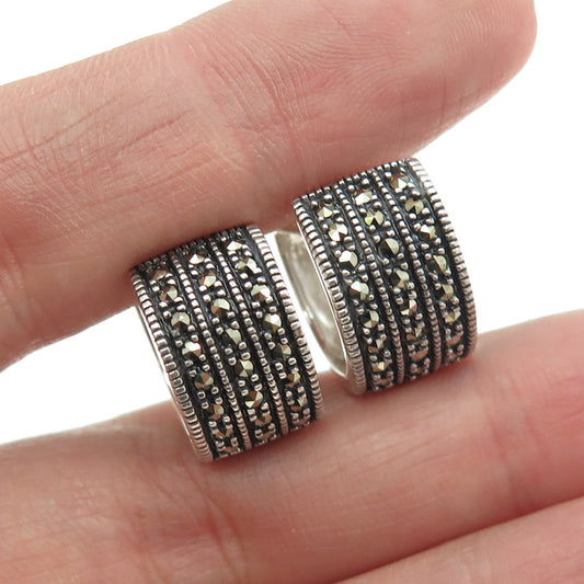 925 Sterling Silver Vintage Real Marcasite Hoop Earrings