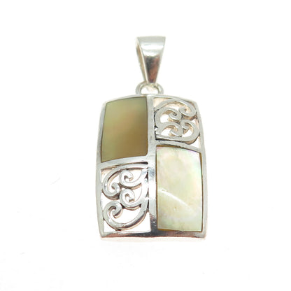 925 Sterling Silver Vintage Real Cream Mother-of-Pearl Ornate Swirl Pendant