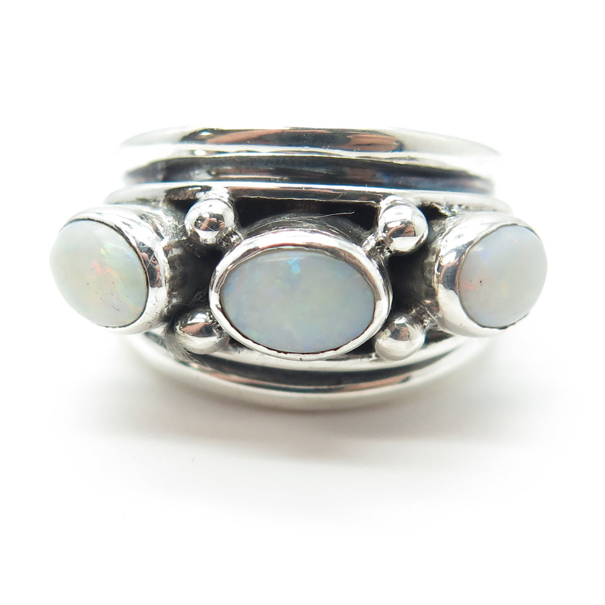 925 Sterling Silver Vintage Real Opal 3-Station Ring Size 7