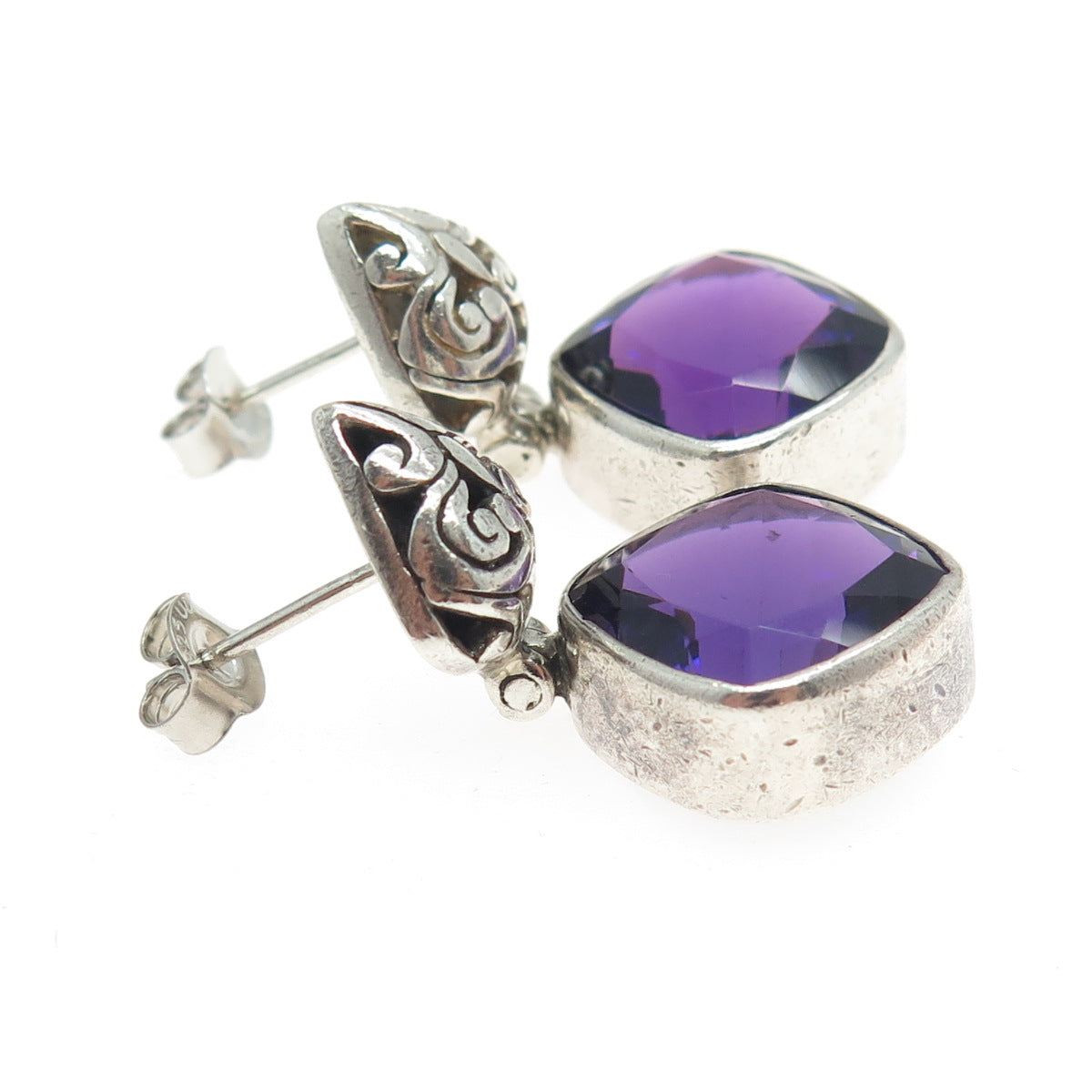 925 Sterling Silver Vintage Real Cushion-Cut Amethyst Ornate Dangling Earrings