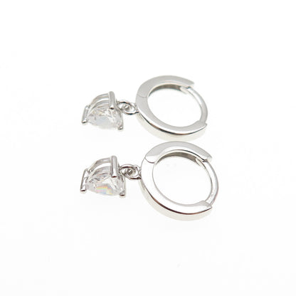 925 Sterling Silver Heart-Cut C Z Dangle Hoop Earrings
