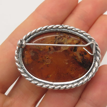 925 Sterling Silver Vintage Real Amber Twisted Oval Pin Brooch