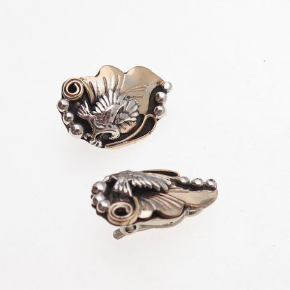 Harry B Yazzie Navajo Old Pawn Sterling 2-Tone Vintage Eagle Clip On Earrings