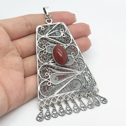 925 Sterling Silver Vintage Israel Real Carnelian Gemstone Filigree Pendant