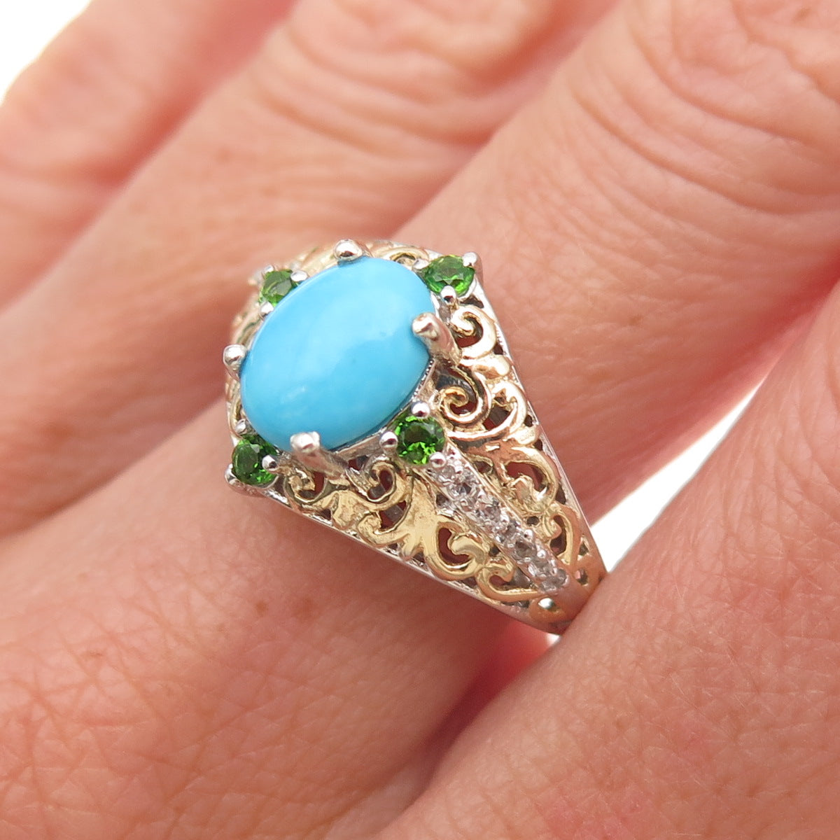 Chuck Clemency 925 Sterling 2-Tone Real Turquoise Peridot Topaz Ring Size 8.25