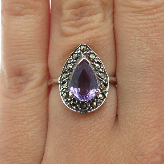 925 Sterling Silver Vintage Real Pear-Cut Amethyst & Marcasite Gem Ring Size 6