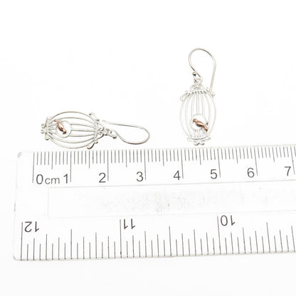 925 Sterling Silver 2-Tone Bird & Cage Dangle Earrings
