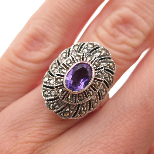 925 Sterling Silver Vintage Real Amethyst & Marcasite Oxidized Ring Size 5.75