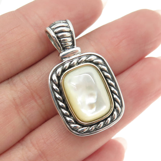 925 Sterling Silver & 14K Yellow Gold Vintage Real Mother-of-Pearl Roped Pendant